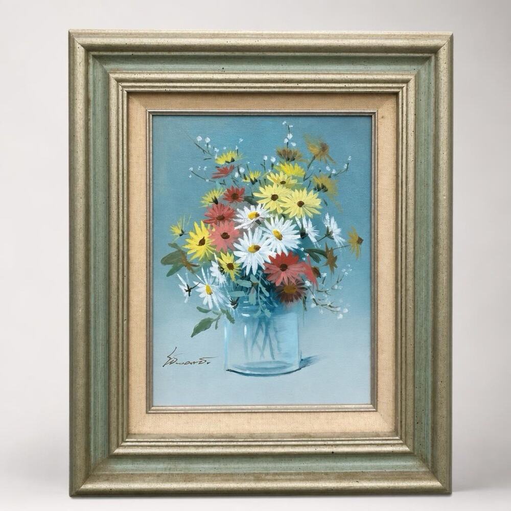 Original Vintage 80s Bright Daisy Flowers Framed Painting 8”x20”Signed Cottage